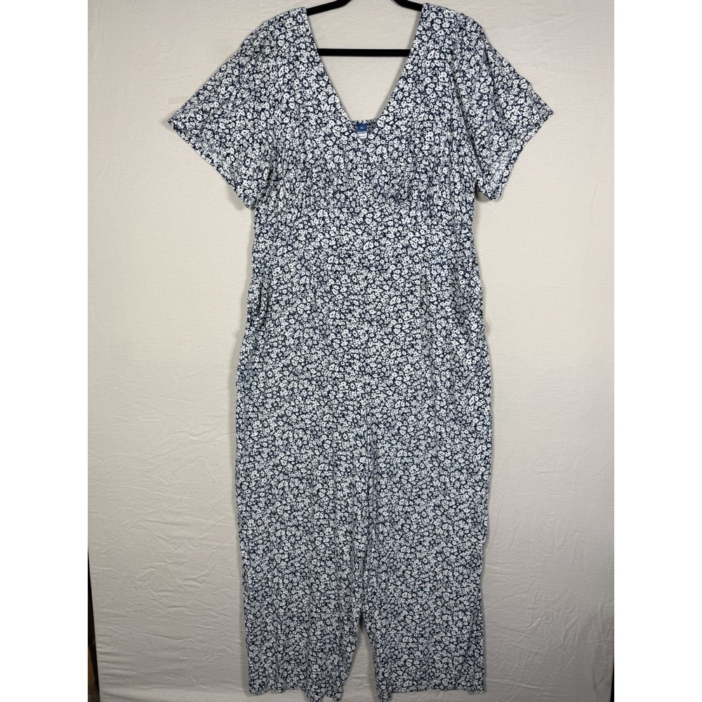 Old Navy Blue Ditsy Floral Jumpsuit XXL Puff Sleeve Smocked Wide‎ Leg Pockets